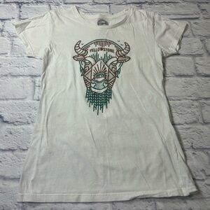 White Graphic Tee with Embroidered Yellowstone Design. Country Western.